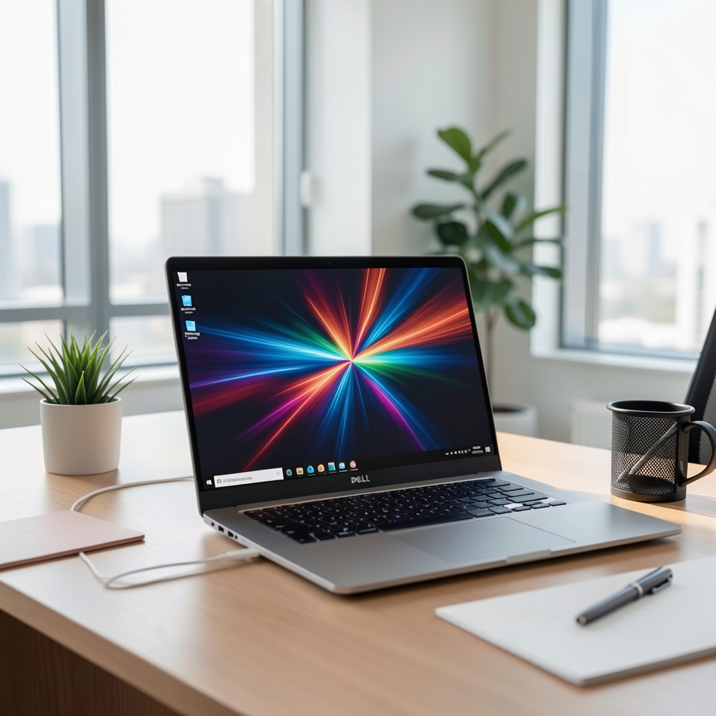 Dell XPS 15 laptop premium cu ecran OLED 15.6 inch, carcasă din aluminiu anodizat argintiu, tastatură retroiluminată, deschis la 90 grade pe birou alb